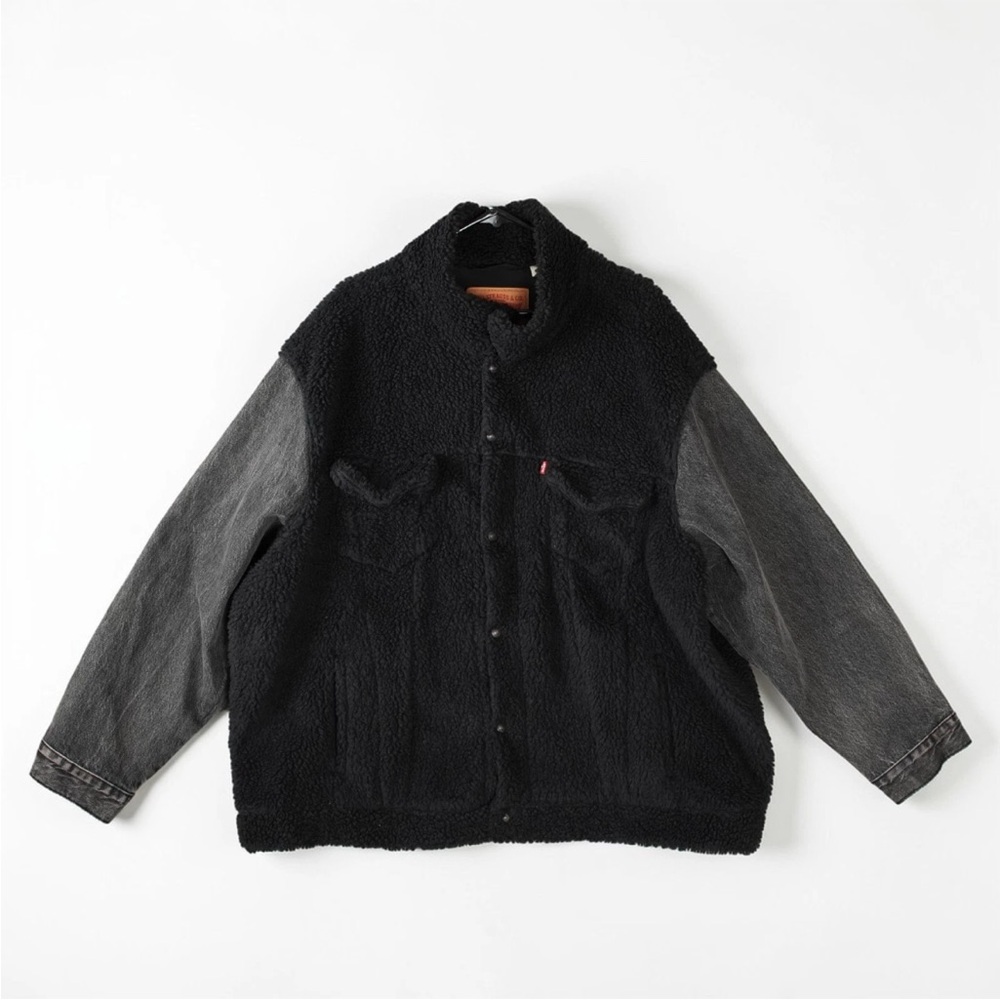 Levi's Relaxed Fit Sherpa Faux Fur Hybrid Trucker Jacket Mens XXL 2XL Black Gray